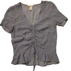 Y2K Sz 2 Ruffle Front Top Popover Preppy Tie Front Flutter Hem Viscose Spring